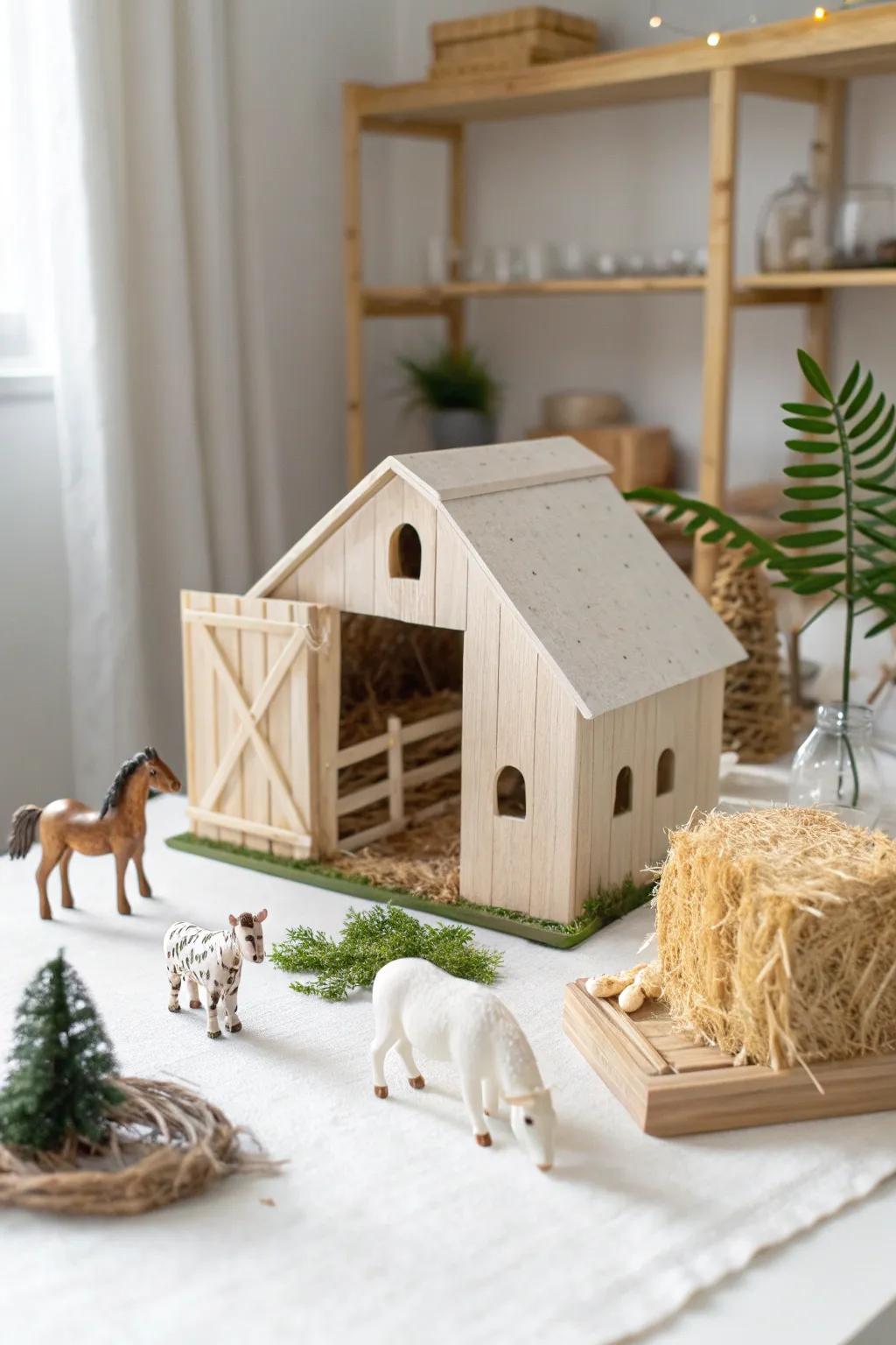 Create a charming DIY barn scene that captures the imagination with its minimalist elegance and natural beauty. 🌿🐑✨