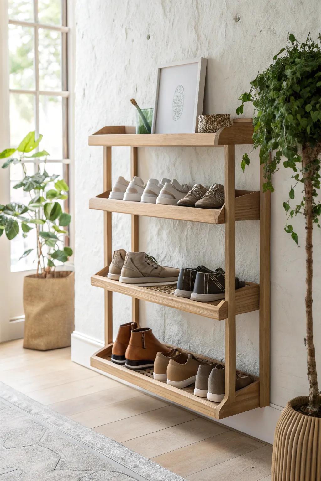 Elevate your shoe storage with minimalist floating shelves—perfect for a chic and functional hallway.