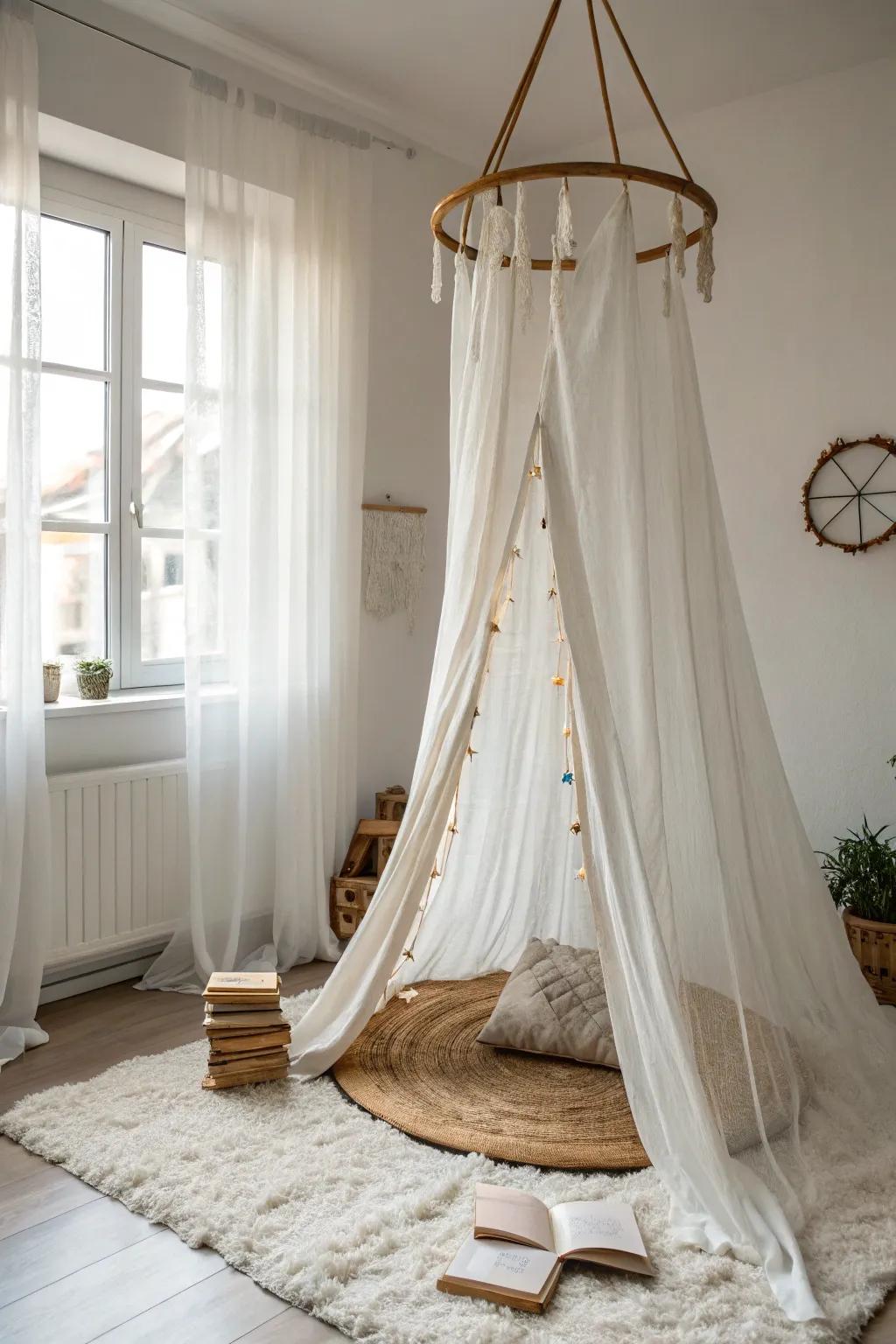 Create your own dreamy escape with this elegant curtain and embroidery hoop tent—perfect for a peaceful reading nook.