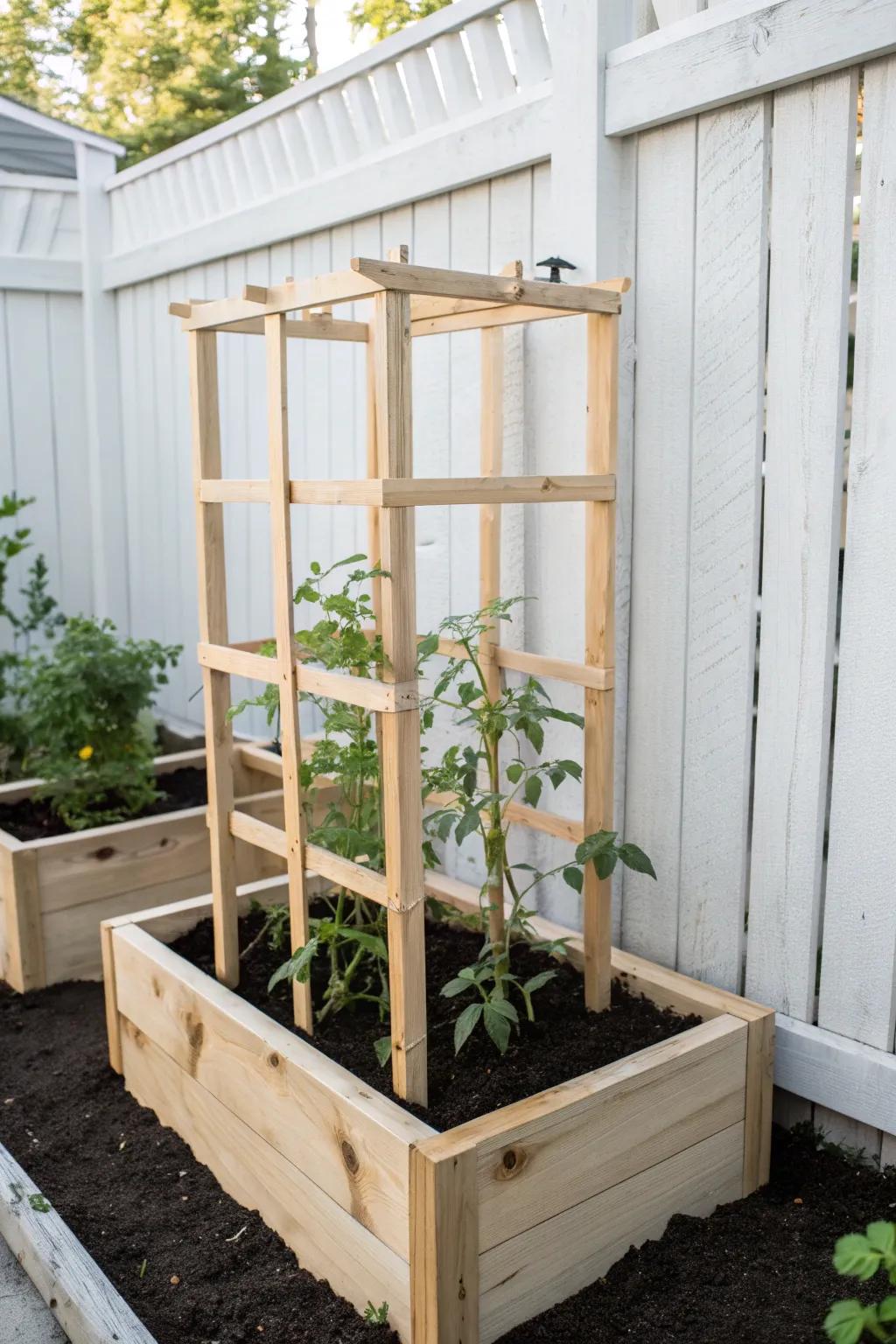 Elevate your garden's charm with a touch of Scandinavian simplicity: Wooden raised bed cages for your tomatoes.