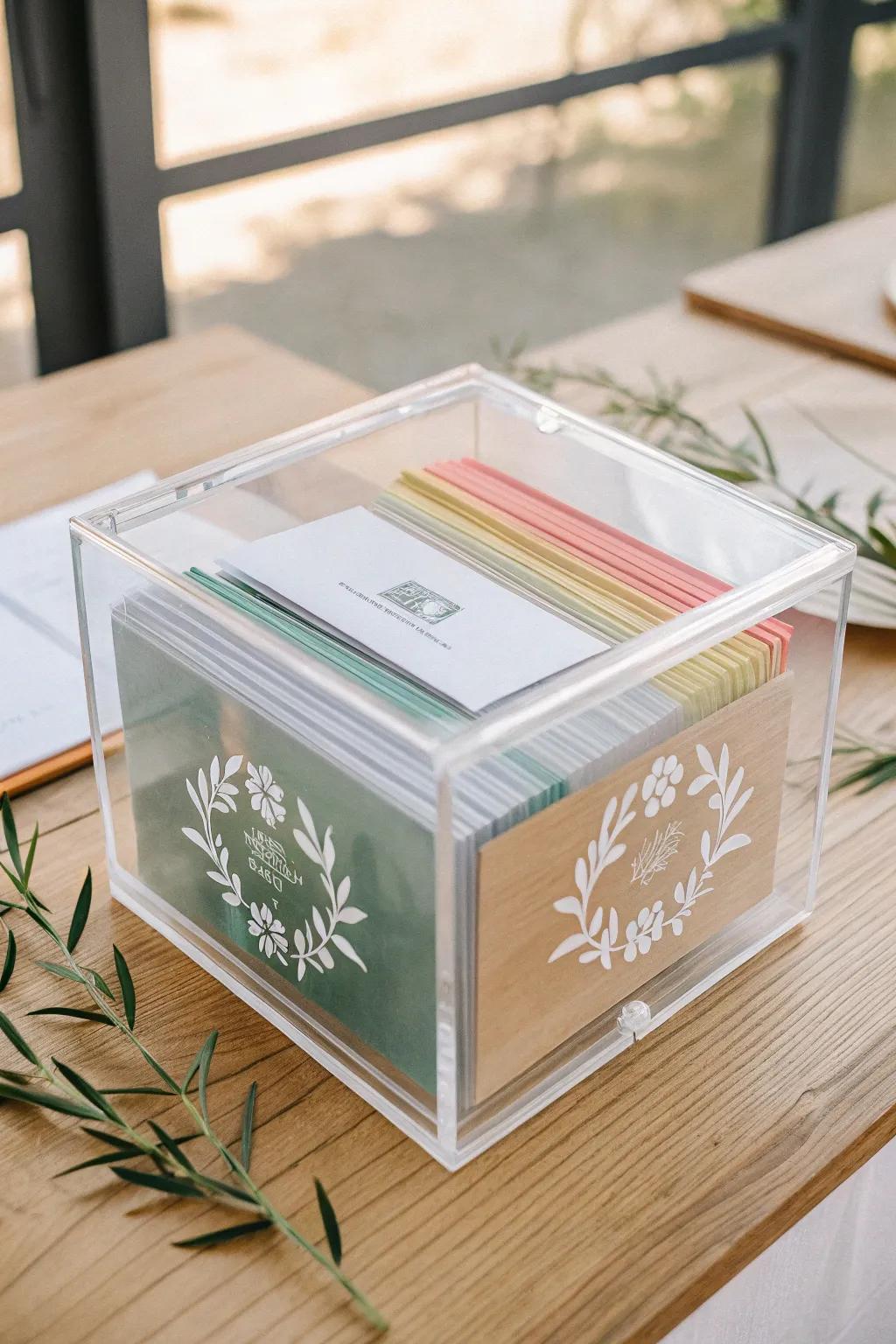 Embrace modern elegance with a personalized acrylic wedding card box that beautifully showcases your guests' heartfelt wishes.