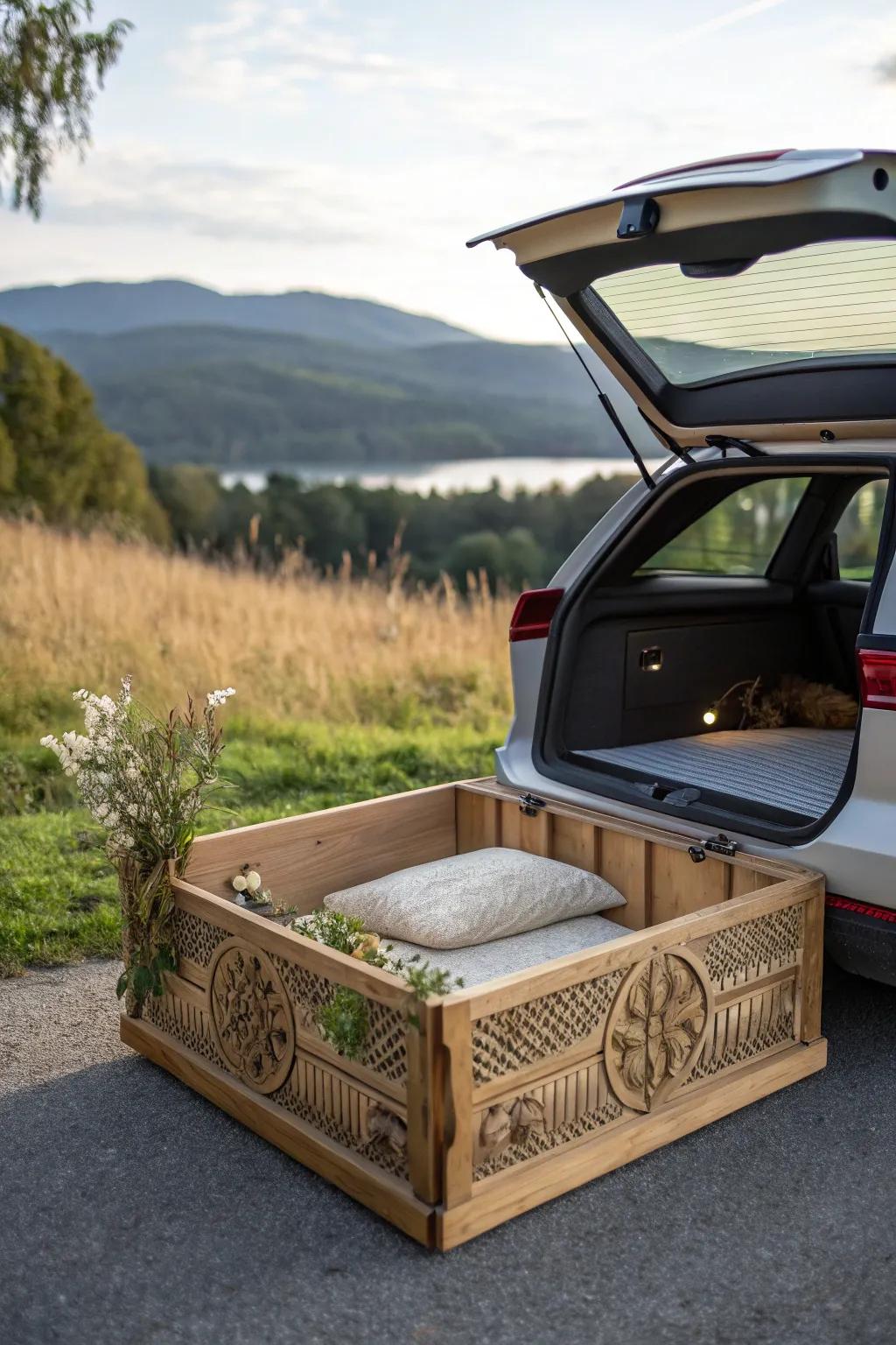 Adventure awaits with this beautifully crafted tailgate dog box, blending Scandinavian simplicity with boho charm.