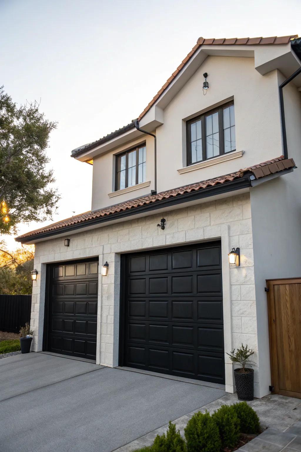 Black garage doors create a bold, sophisticated look.