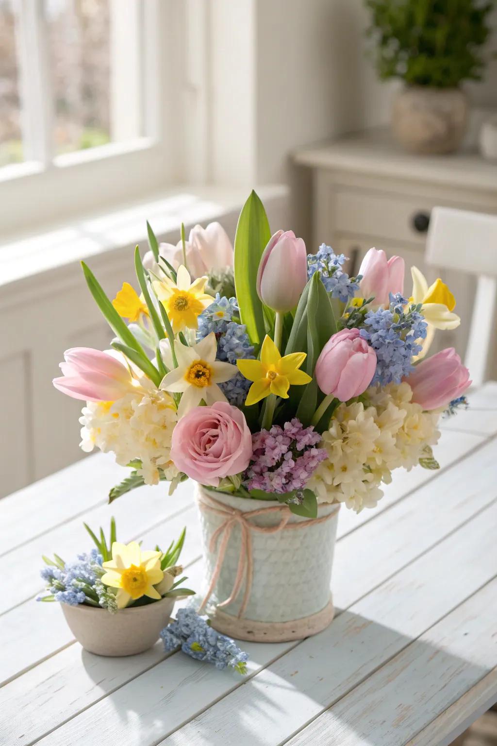 Bring spring into your home with a charming blend of fresh and crafted blooms 🌷✨ Perfect for a touch of elegance and natural beauty. #SpringDecor #DIYCenterpiece
