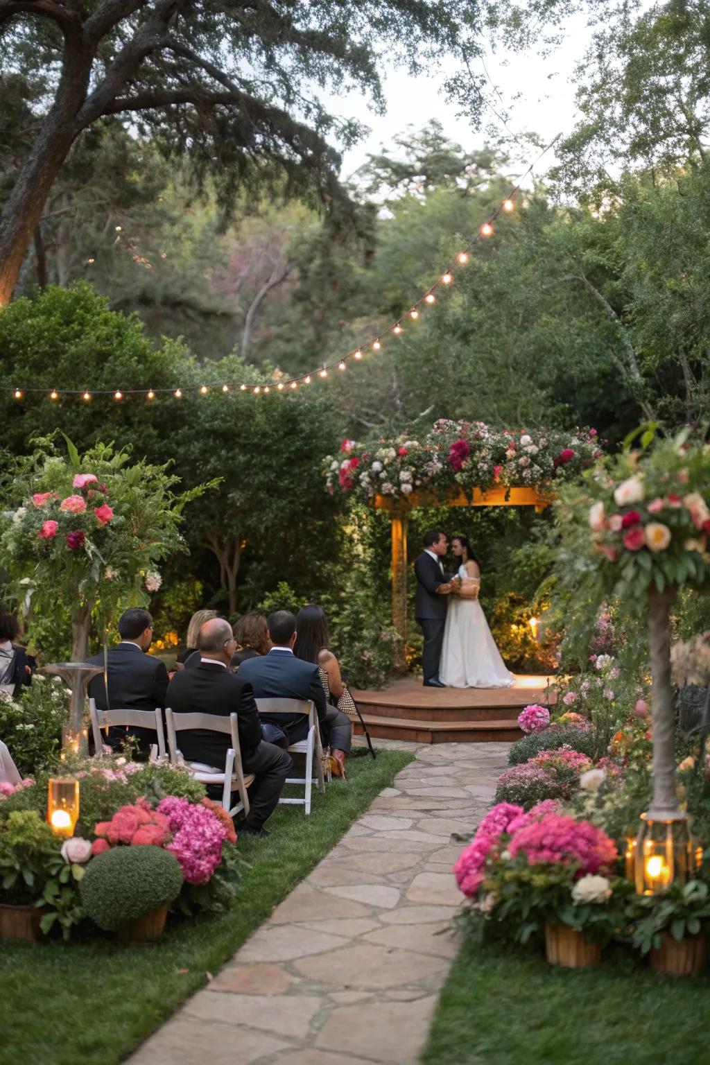 An outdoor garden wedding showcasing natural greenery and floral decor.