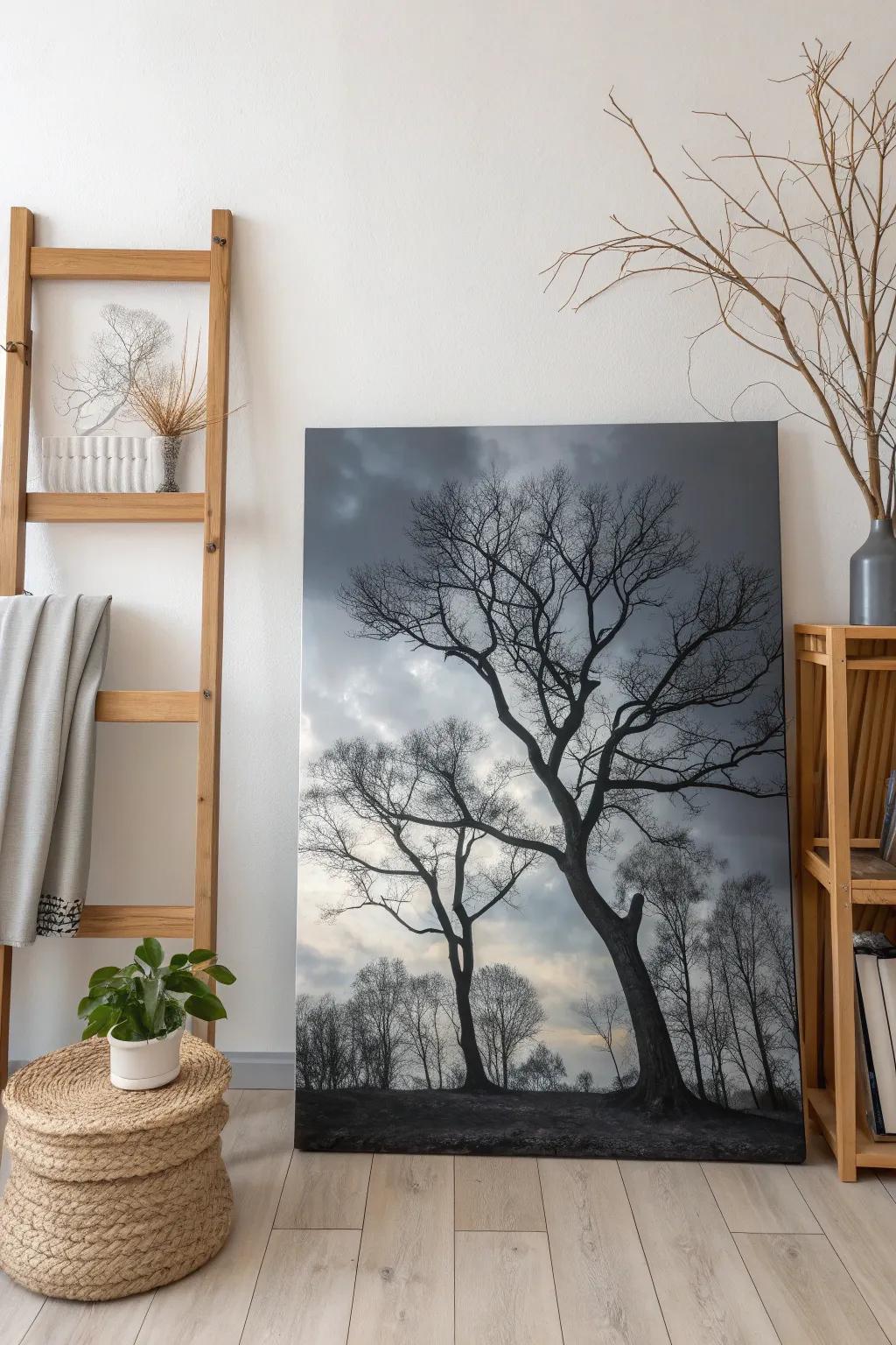 Embrace the beauty of eerie simplicity with this moody forest canvas.
