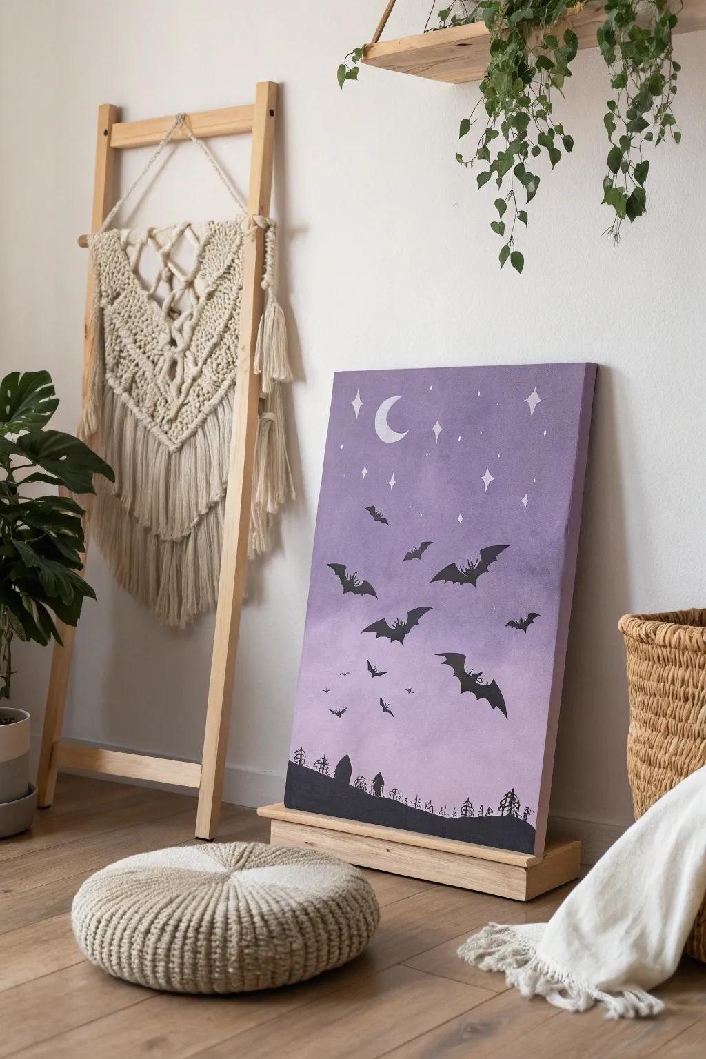 Elevate your Halloween decor with a minimalist batty night sky painting — where simplicity meets natural beauty.