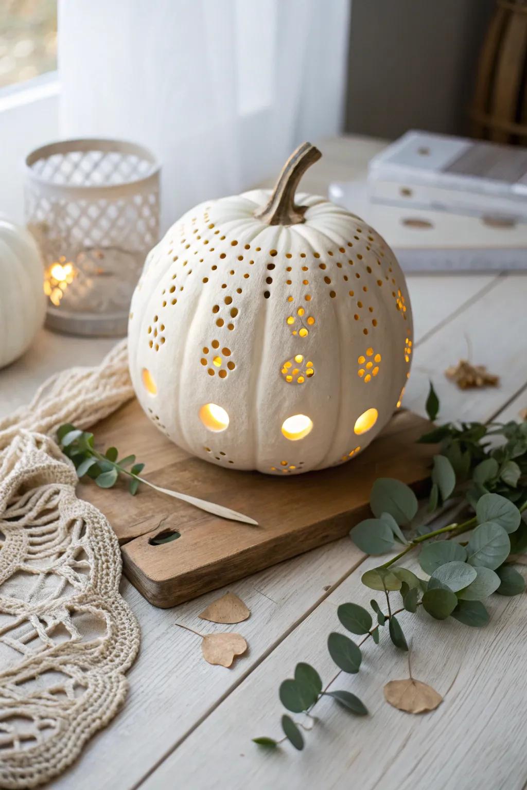 Elevate your Halloween decor with a chic polka dot pumpkin carving—simple elegance with a glowing twist!