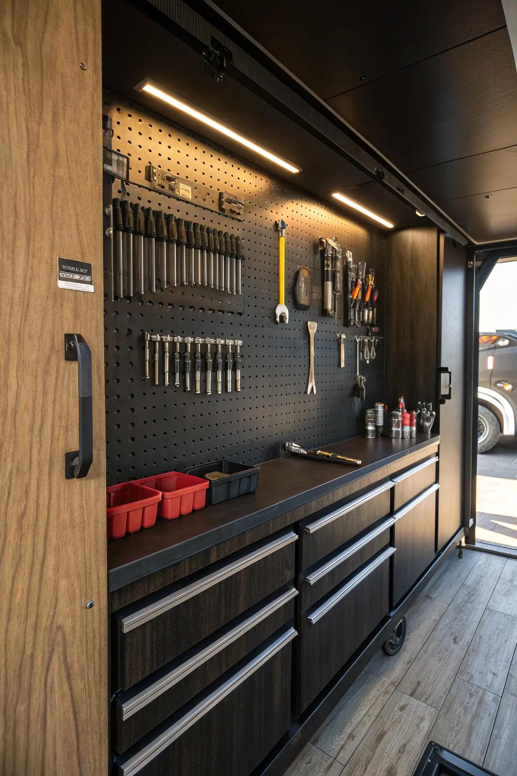 Transform your trailer into a master of organization with a stylish pegboard wall. #TrailerSetup #OrganizationGoals