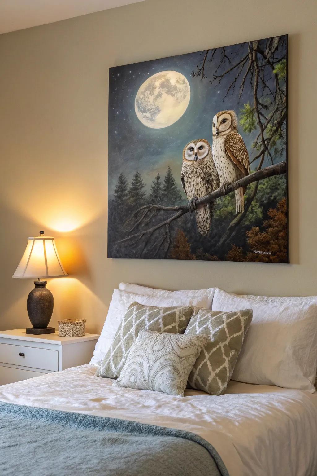 Owls under a moonlit sky evoke a sense of nighttime romance.