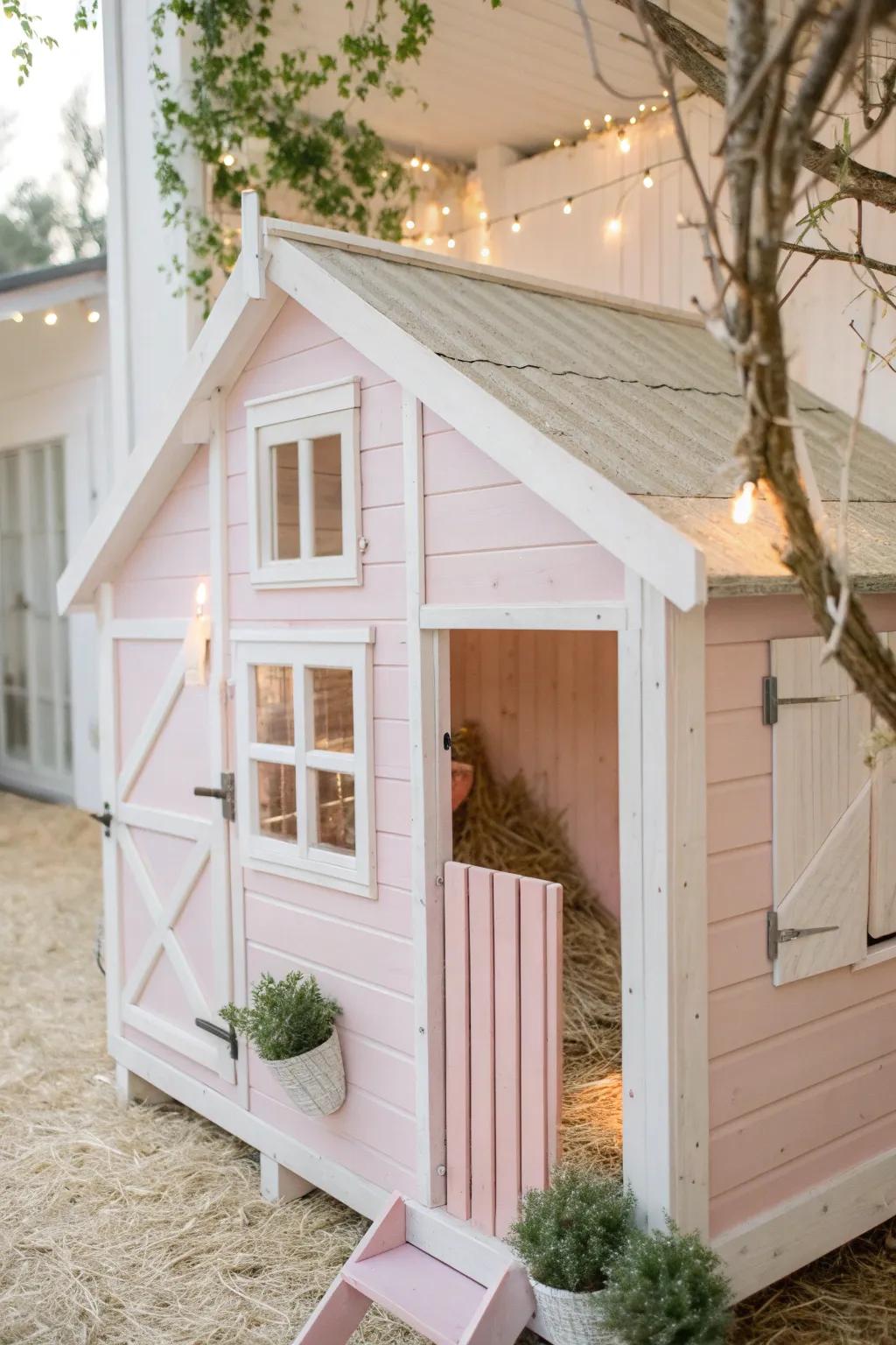 Step into a pastel paradise with this enchanting chicken coop, where simplicity meets whimsy!