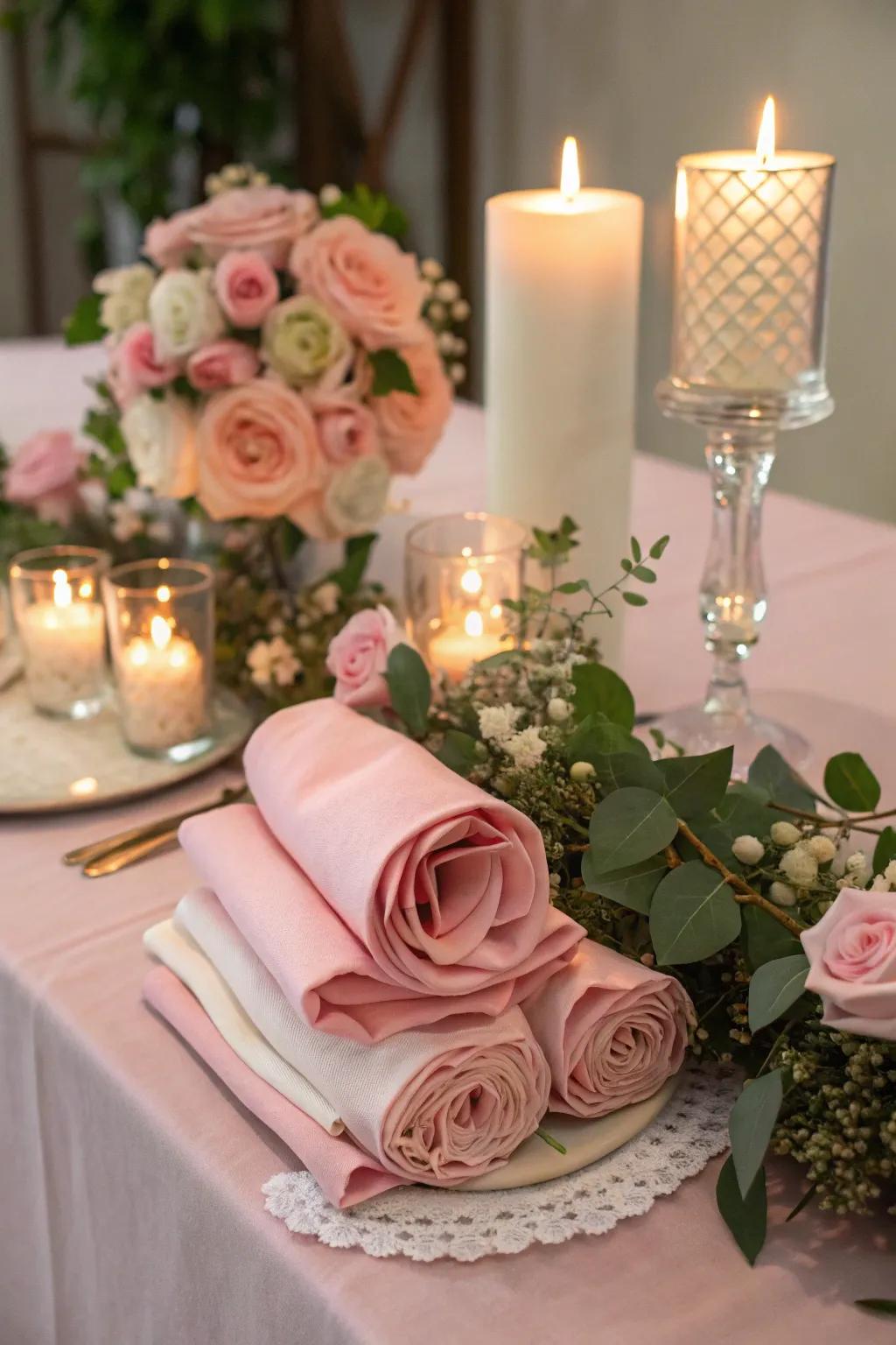 Rose-folded napkins create a romantic atmosphere.