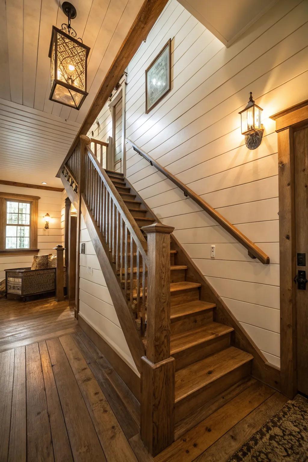 Shiplap walls enhance the rustic appeal of your staircase.