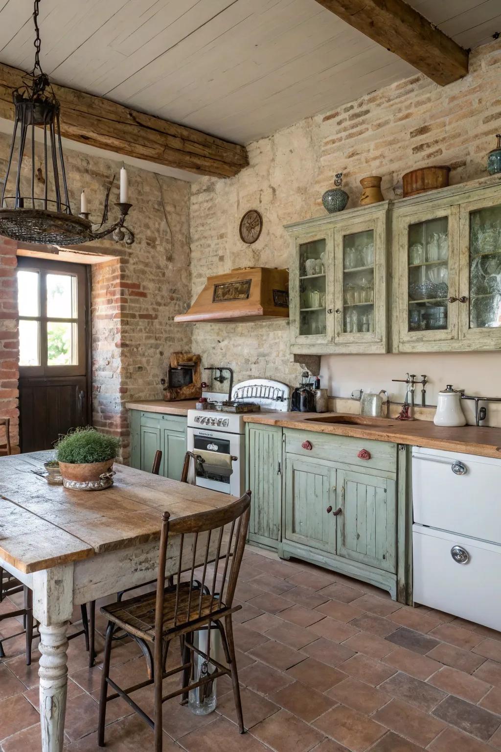 Distressed finishes add character and warmth to a farmhouse kitchen.