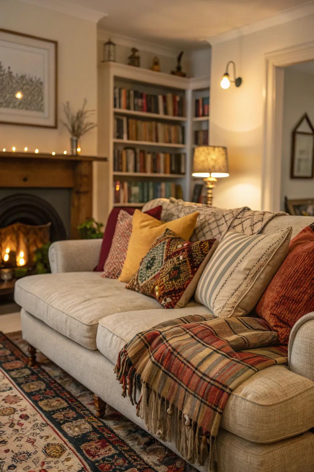 Soft furnishings add coziness and comfort to your farmhouse living room.