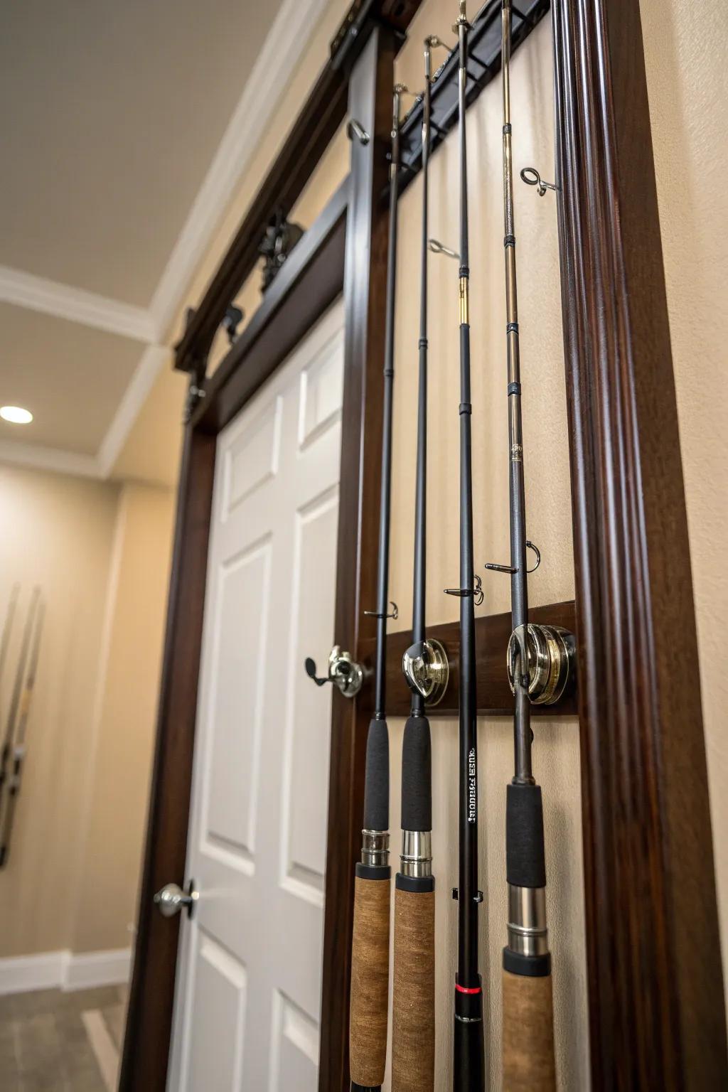 Elevate your fishing gear storage with this stylish behind-the-door rack, blending convenience with a clutter-free aesthetic.