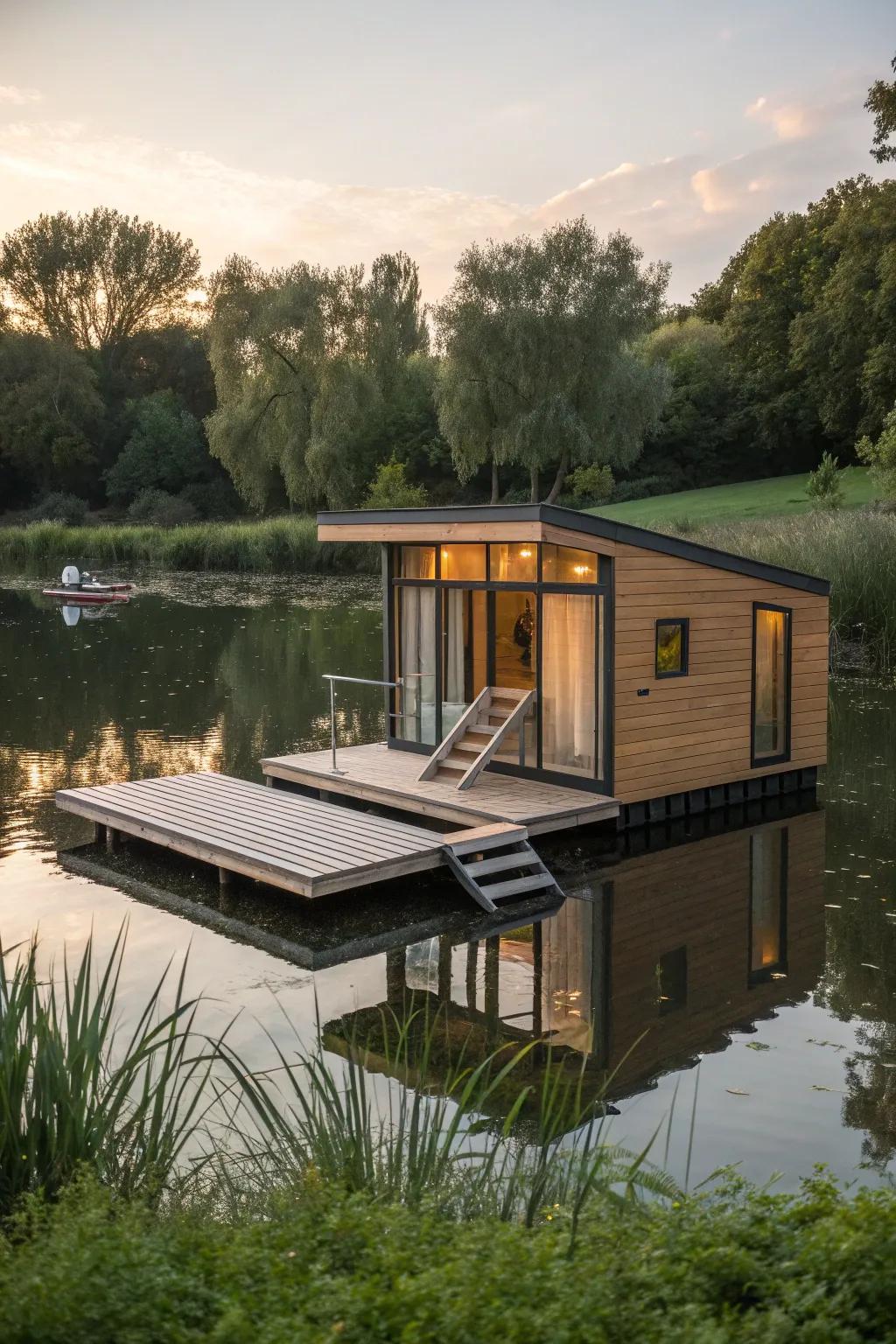 Elevate your pond's style with a modern floating duck house featuring sleek, removable ramps for easy access.