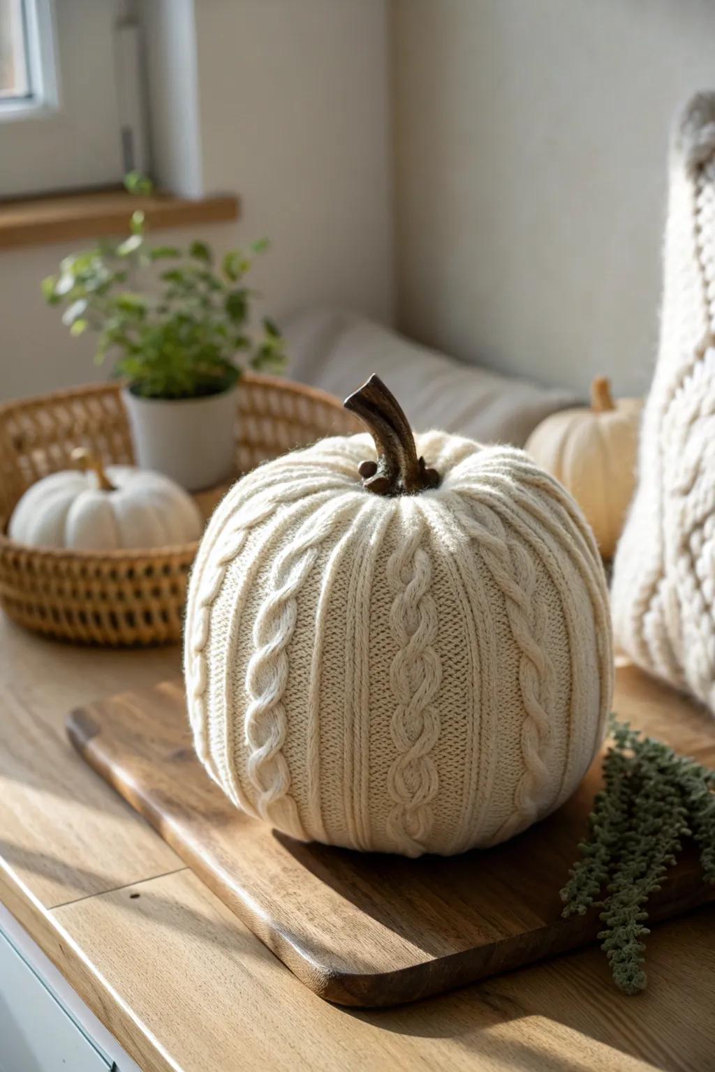 Embrace the cozy charm of fall with a sweater-wrapped pumpkin for a touch of warmth and style.
