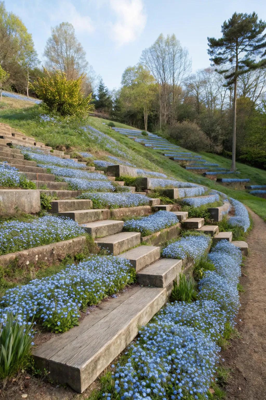 Stepped flower beds utilize forget-me-nots for added depth.