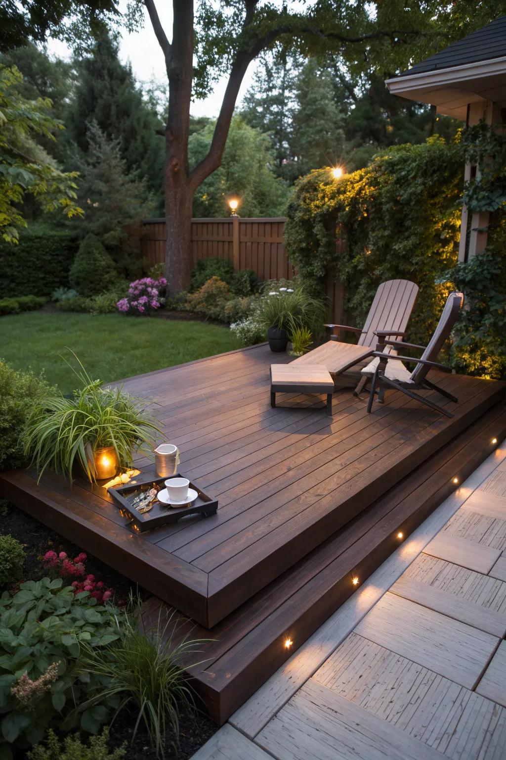 Transform your backyard into a tranquil escape with a stunning floating deck oasis.