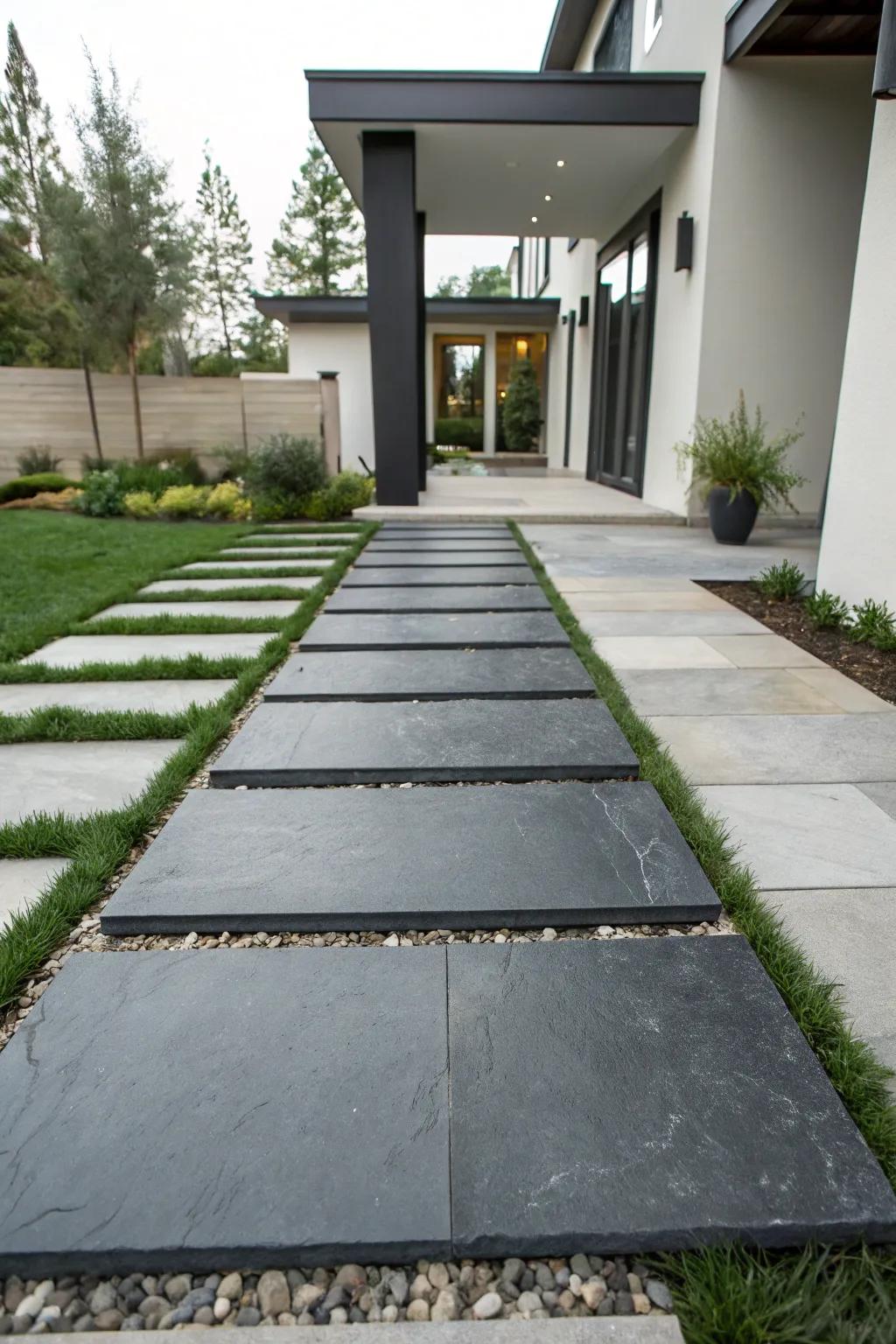 Step into modern elegance with a linear stone walkway that perfectly complements your home's contemporary design.