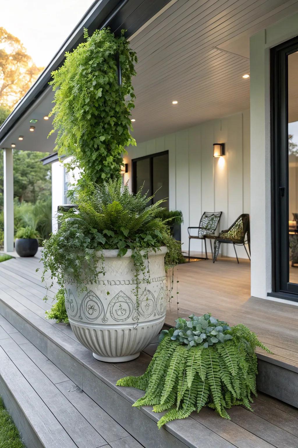 Transform your porch into a green oasis with the perfect potted plant centerpiece. #OutdoorLiving #GreenOasis