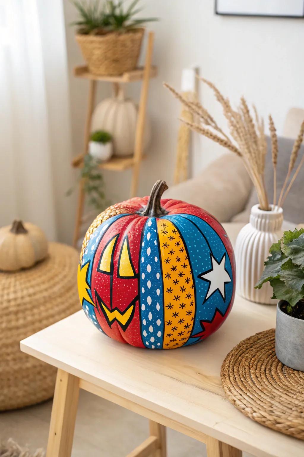 Transform your pumpkin into a pop art masterpiece that leaps off the page with vibrant colors and a comic book flair!