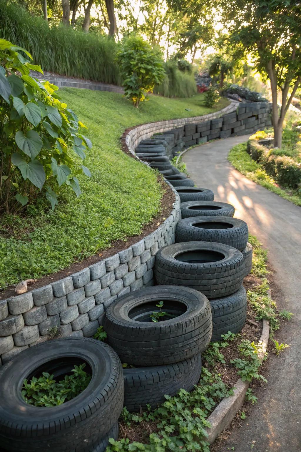 Unleash creativity in your garden with a mesmerizing tire sculpture—where art meets nature.