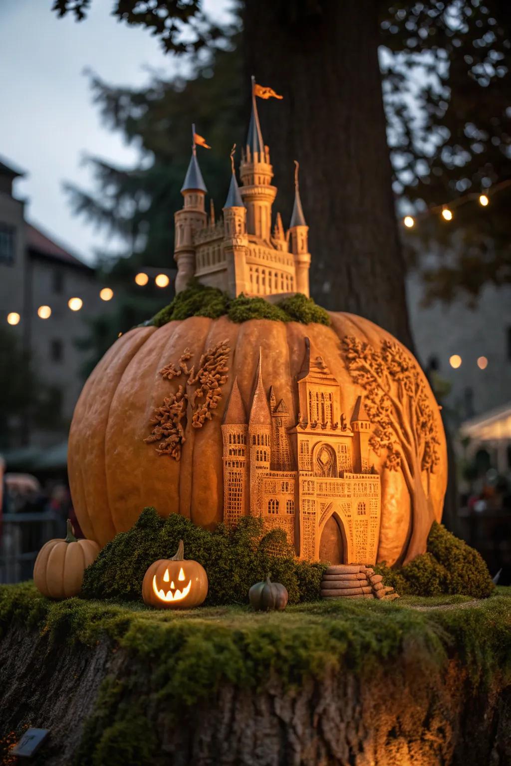Unleash your inner architect with this majestic pumpkin castle carving.