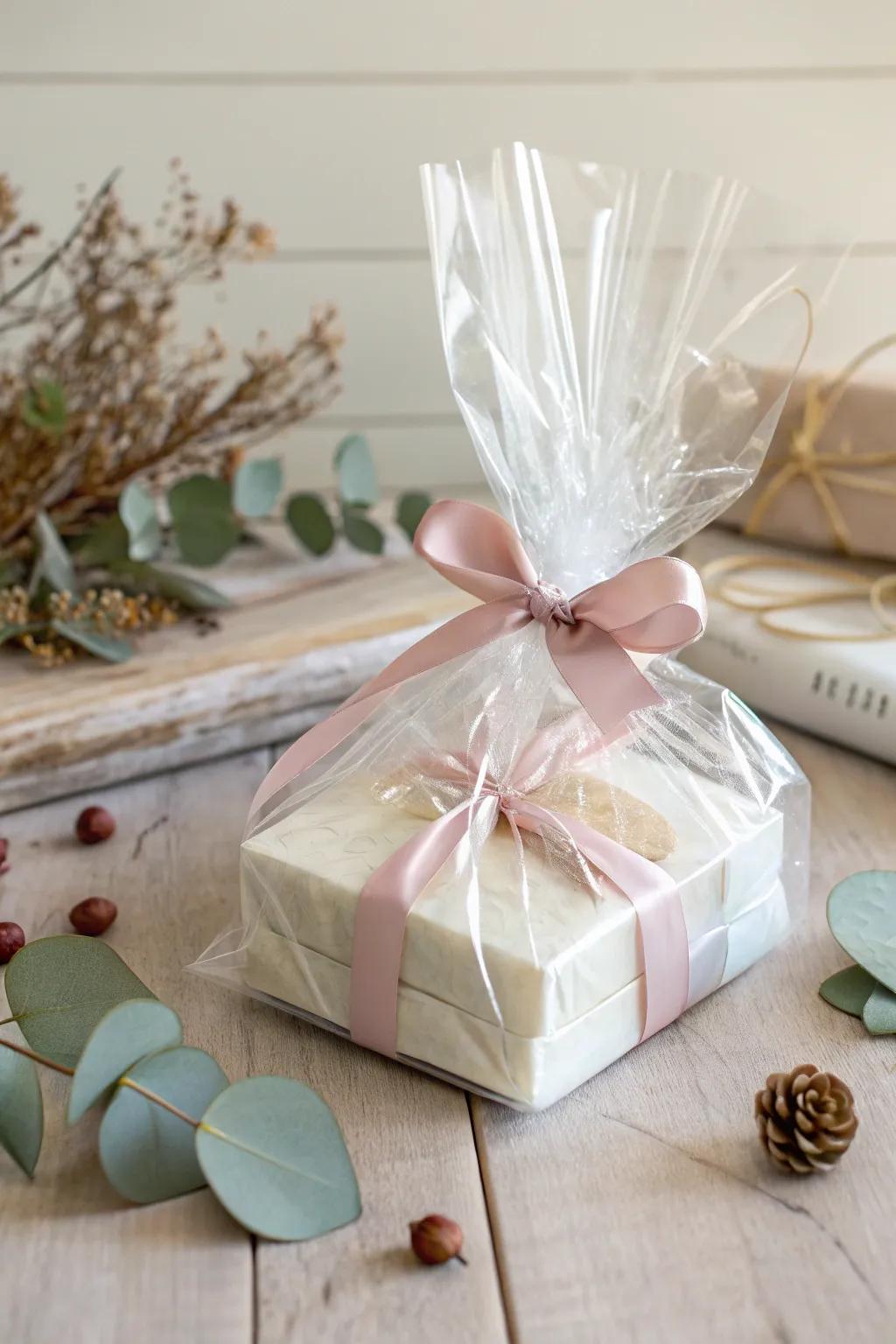 Elevate your gift-giving with chic cellophane wrapping for a boutique-style presentation.