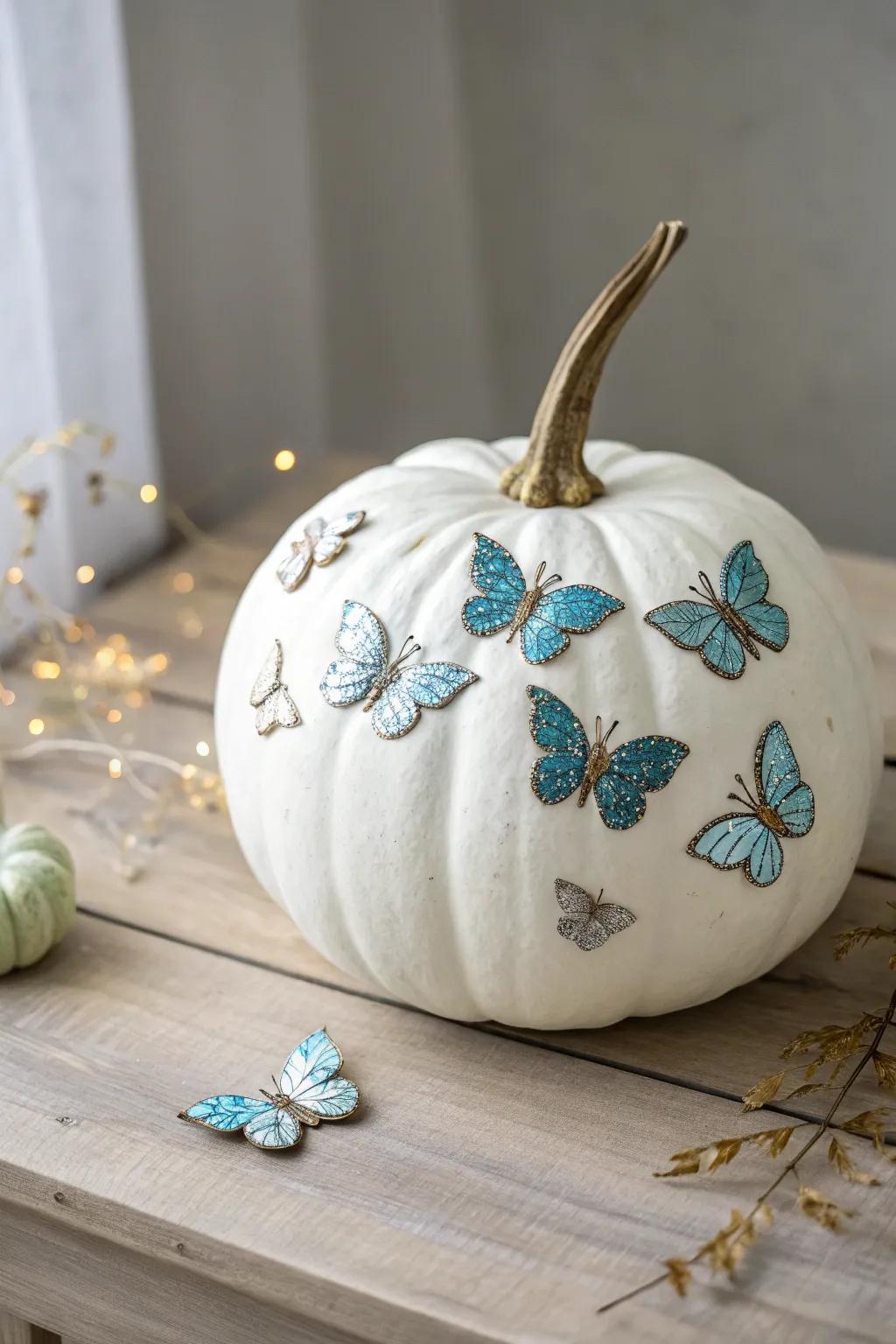 Transform your pumpkin into a whimsical masterpiece with glitter butterflies—simplicity meets enchantment.