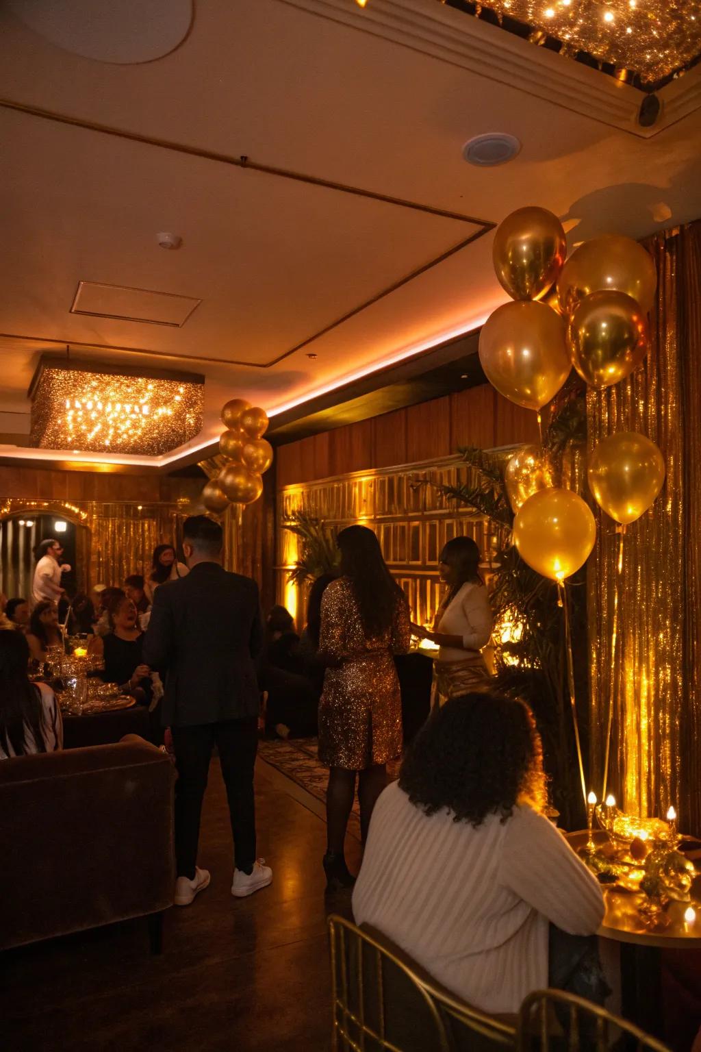 Lighting that enhances the golden ambiance of the party setting.