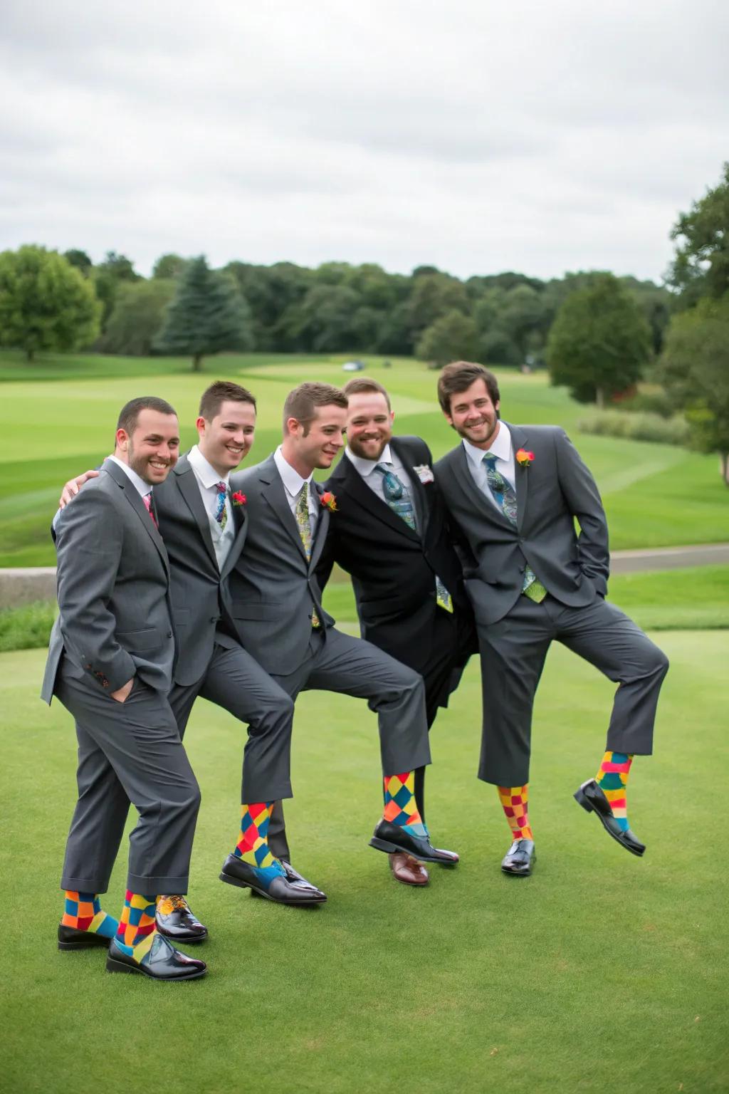 Groomsmen sport playful argyle socks, a nod to traditional golf style.