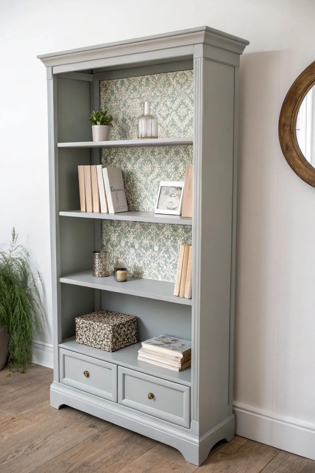 Elevate your space with a soft gray bookshelf and a touch of boho elegance.