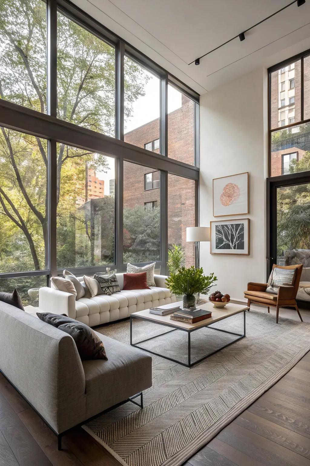 A stylish living room featuring corner windows that offer expansive views.