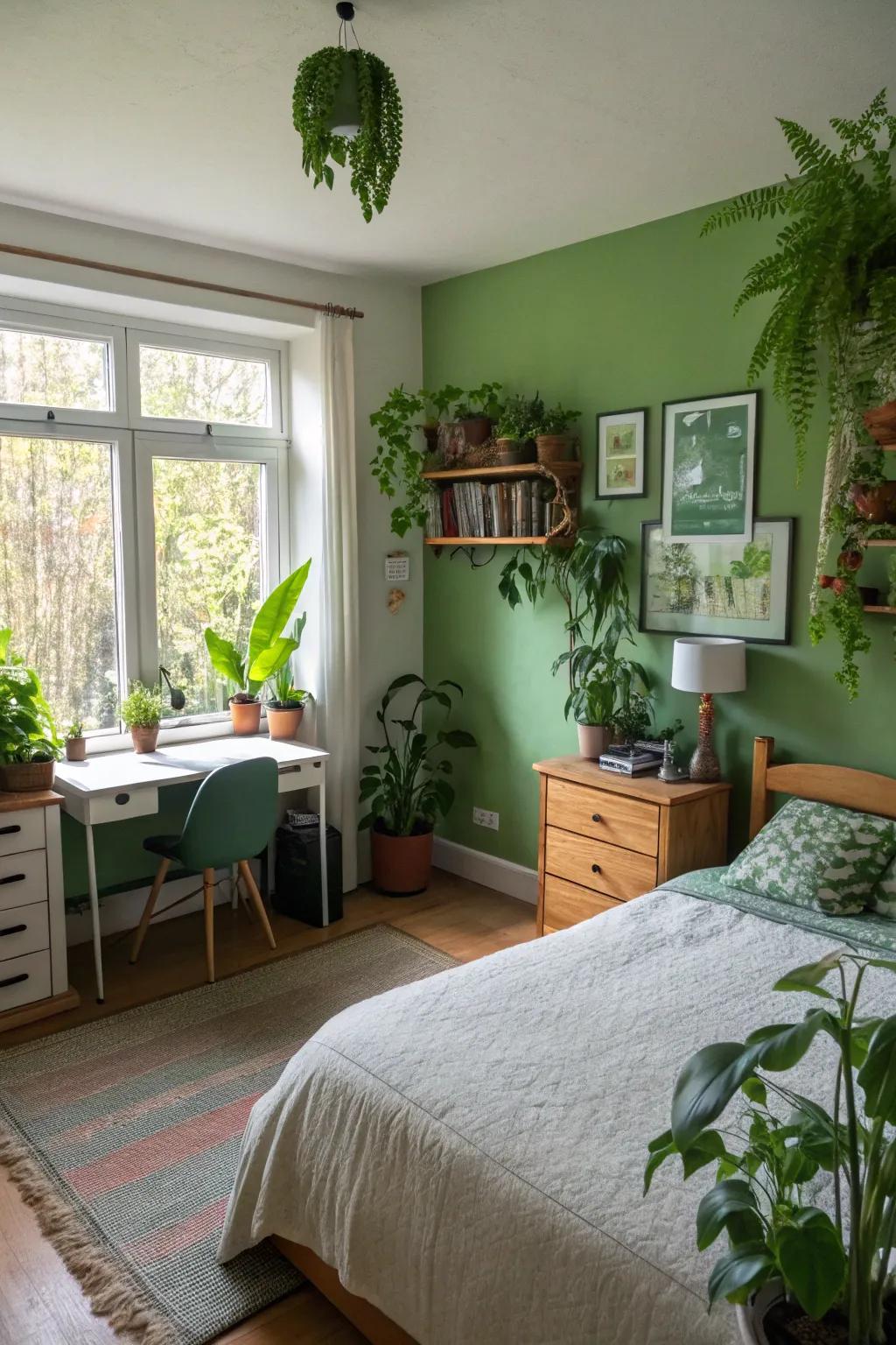 A lively bedroom with green walls and a variety of indoor plants.