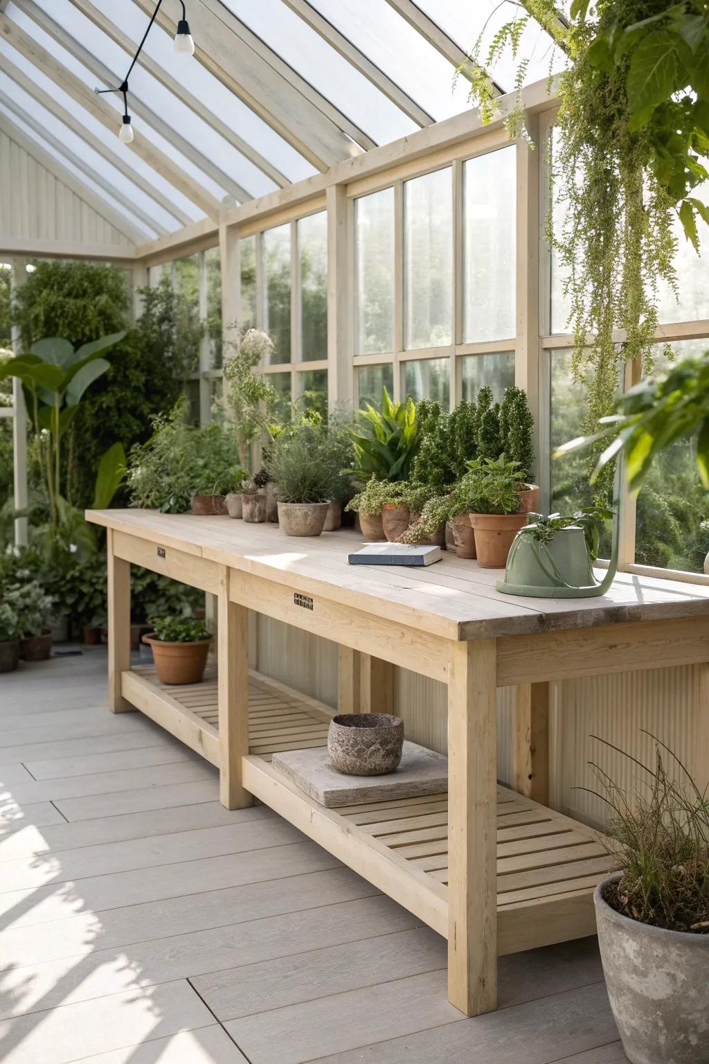 Elevate your greenhouse space with a beautifully integrated table design that marries functionality with minimalist elegance.