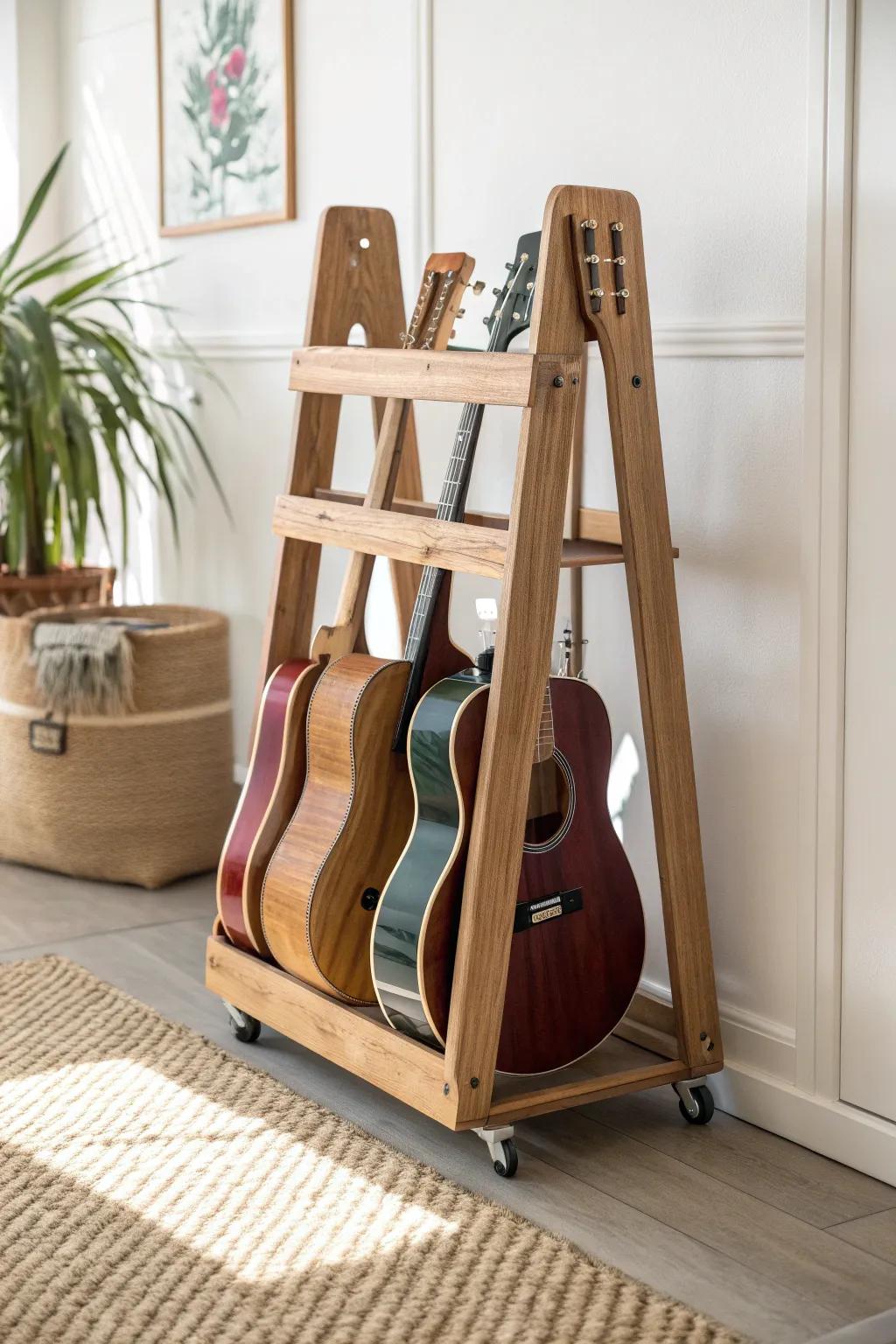 Roll with inspiration: A beautifully crafted mobile guitar case rack for your creative studio.