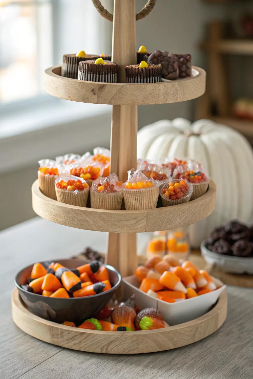 Elevate your Halloween decor with a chic tiered candy display that blends simplicity and elegance.