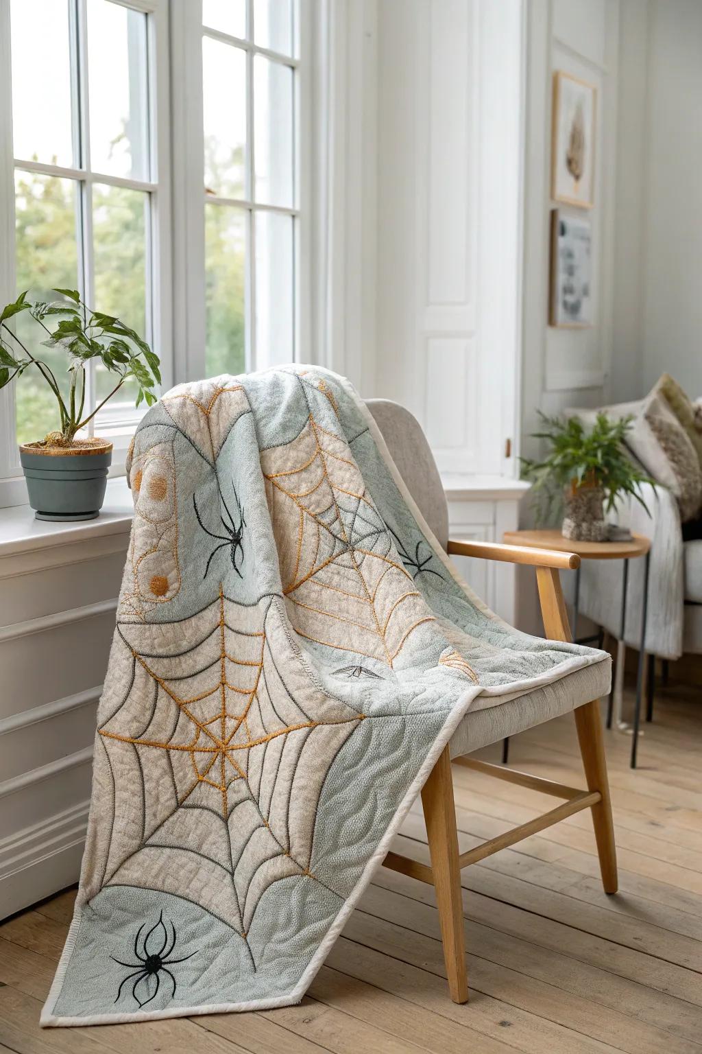 Wrap yourself in the intricate beauty of a spiderweb quilt this Halloween. Perfect for cozy, minimalist spaces.