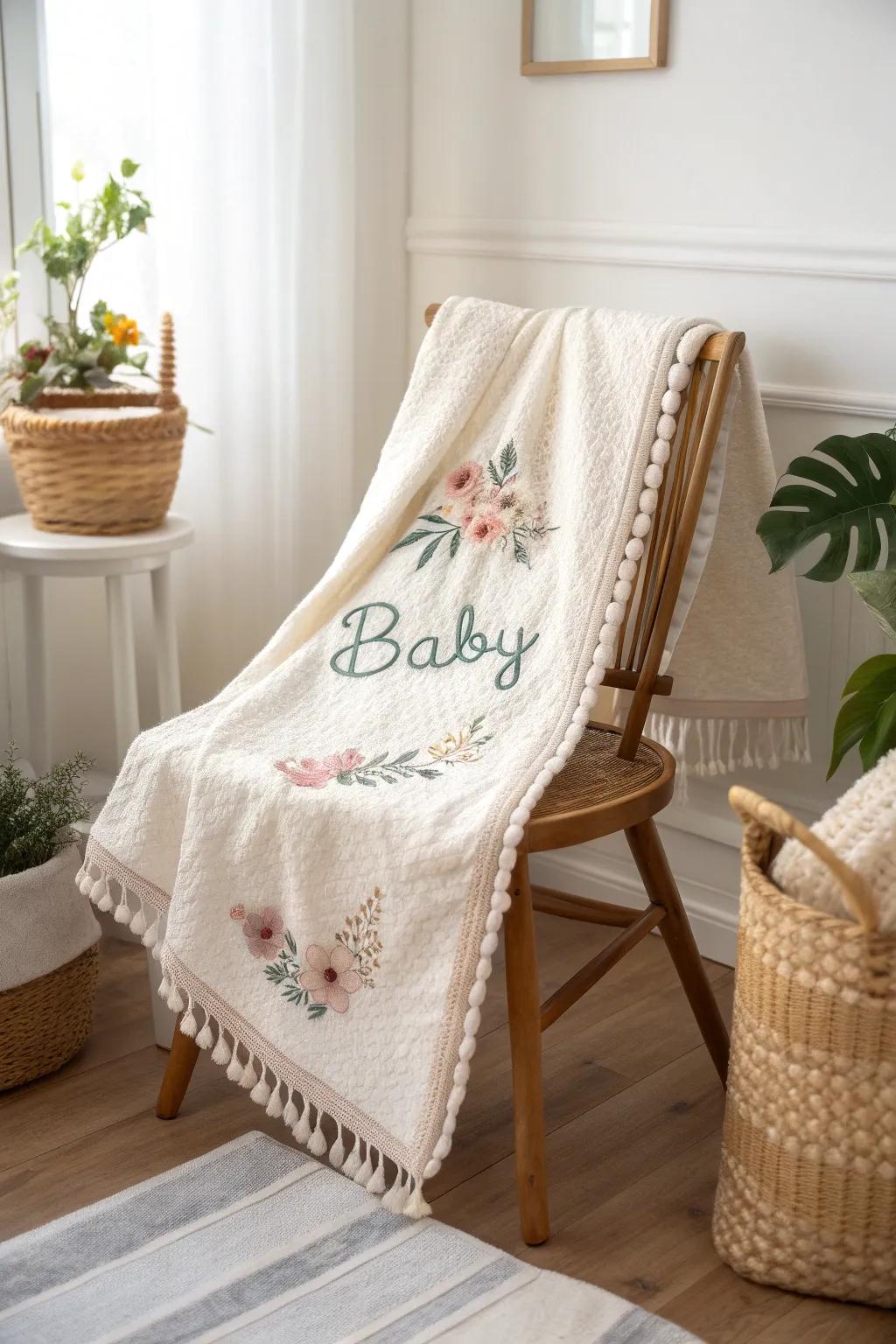 Add a personal touch with exquisite embroidery on a handmade baby blanket, perfect for creating cherished memories.