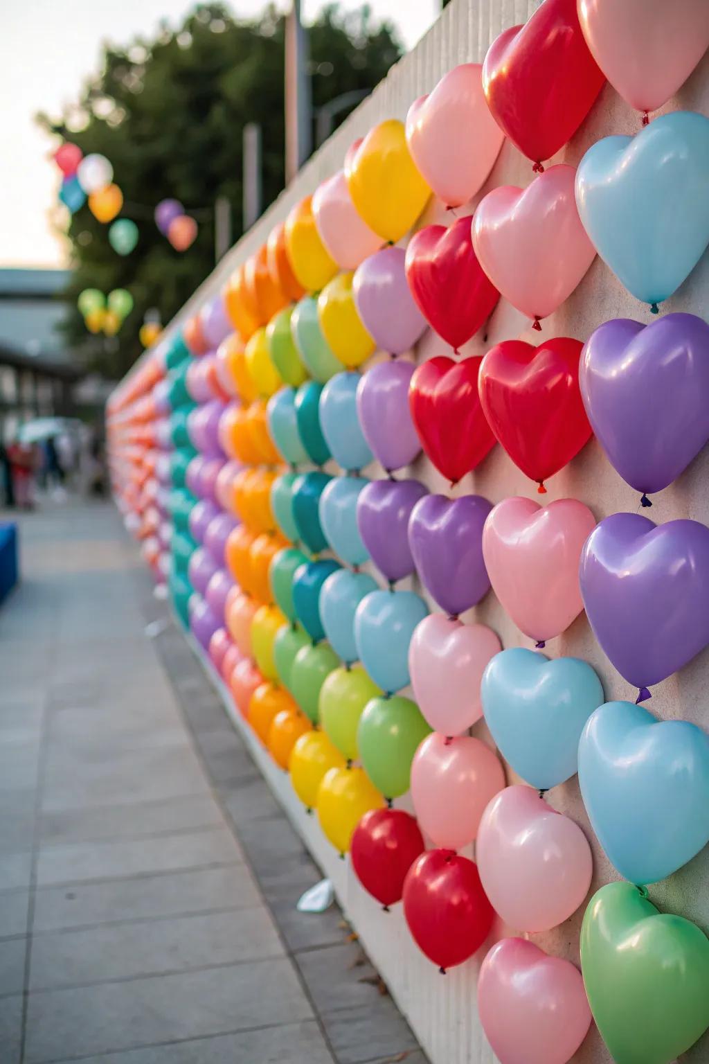 A heart balloon wall offers a perfect photo backdrop.