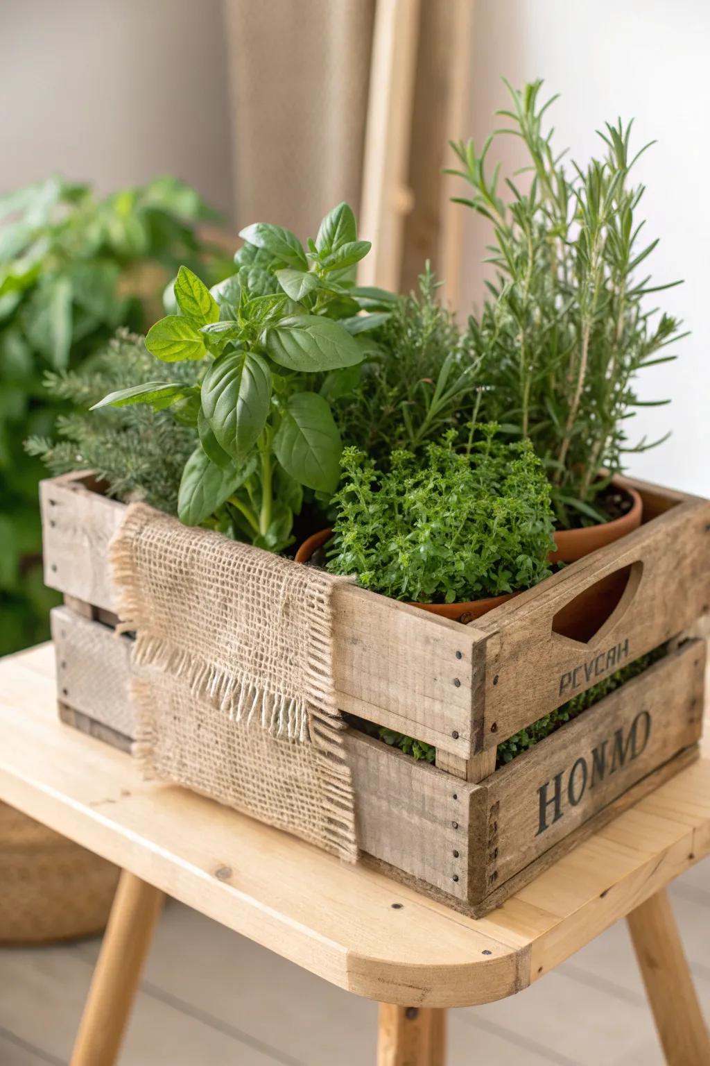 Embrace rustic elegance with a DIY wine crate herb planter, bringing vintage charm to your minimalist space.