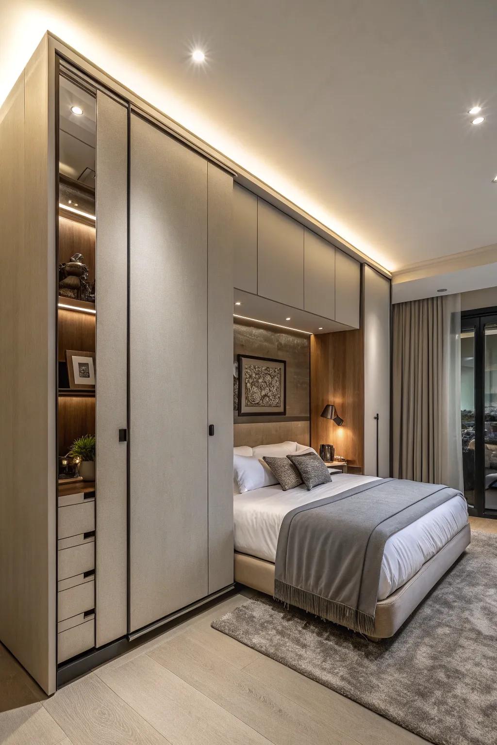 Sleek cabinet concealing a hidden bed