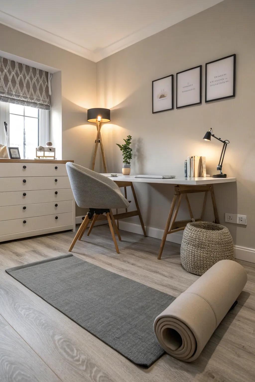 Neutral colors foster a calming and harmonious home office gym environment.