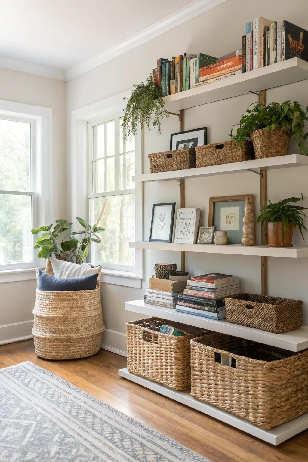 Room with stylish and functional storage solutions.