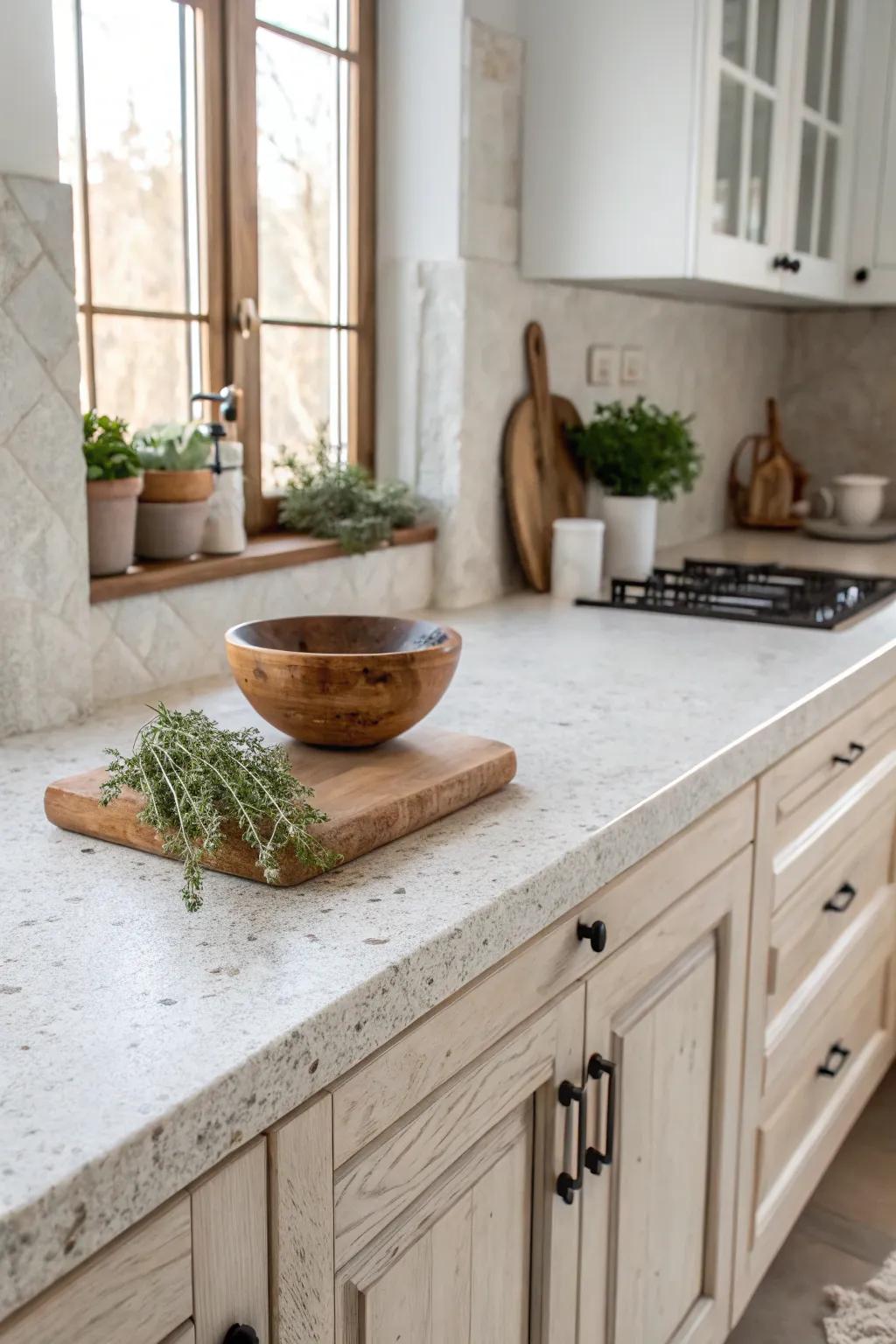 Transform your kitchen with a stunning stone-like countertop finish that's both elegant and effortlessly chic.