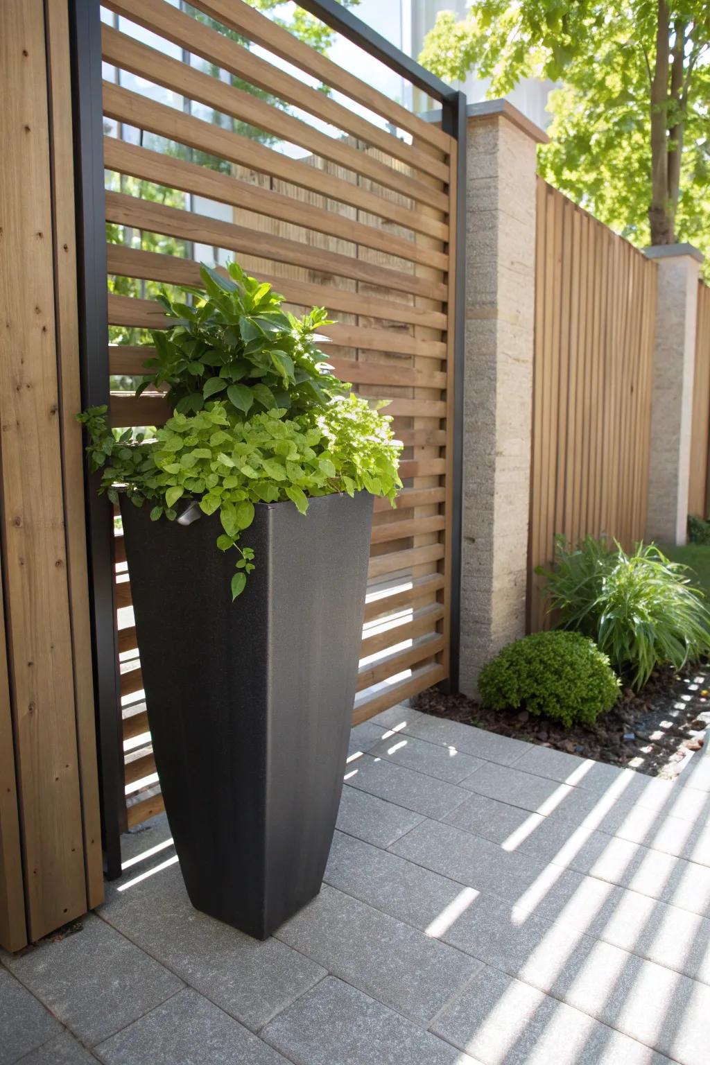 Transform the gap under your fence gate into a stylish mini garden with sleek planters and lush greenery.