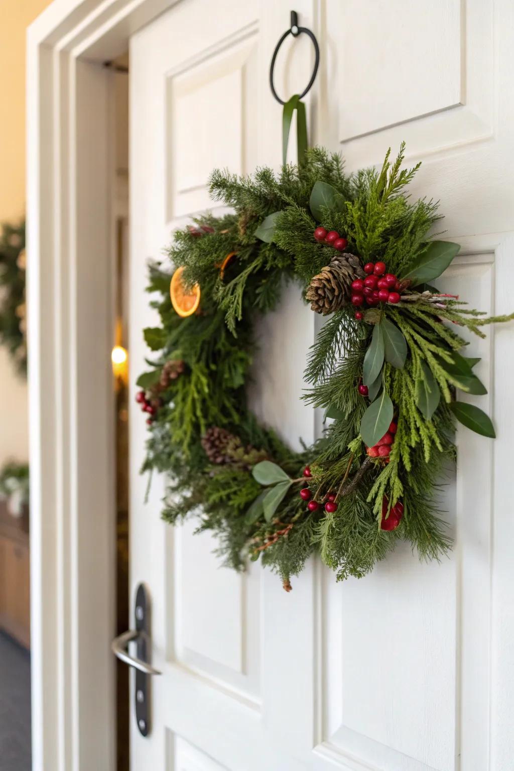 Use adhesive hooks for a clean and secure wreath display.