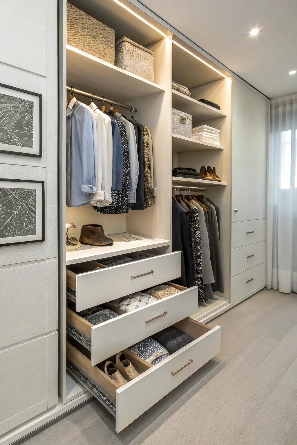 Sliding drawers bring hard-to-reach items to the forefront.